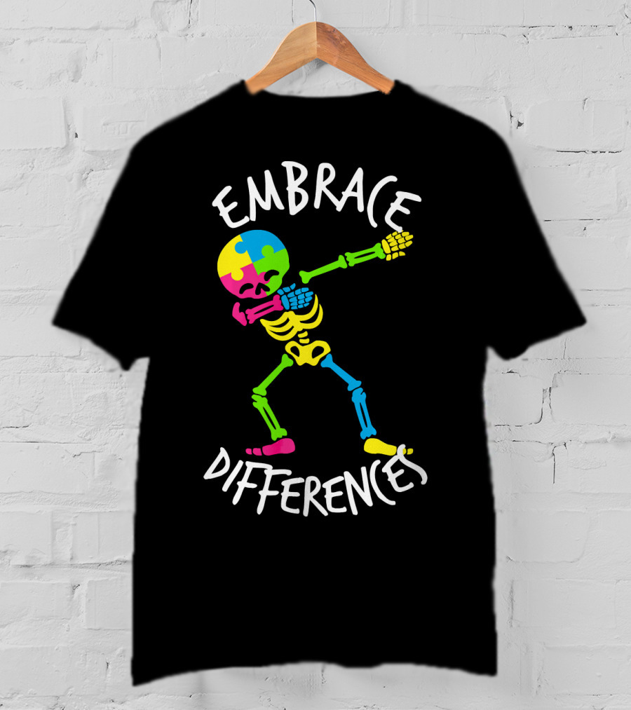 Embrace Differences Autism Awareness Colorful Skeleton Dabbing T-Shirt