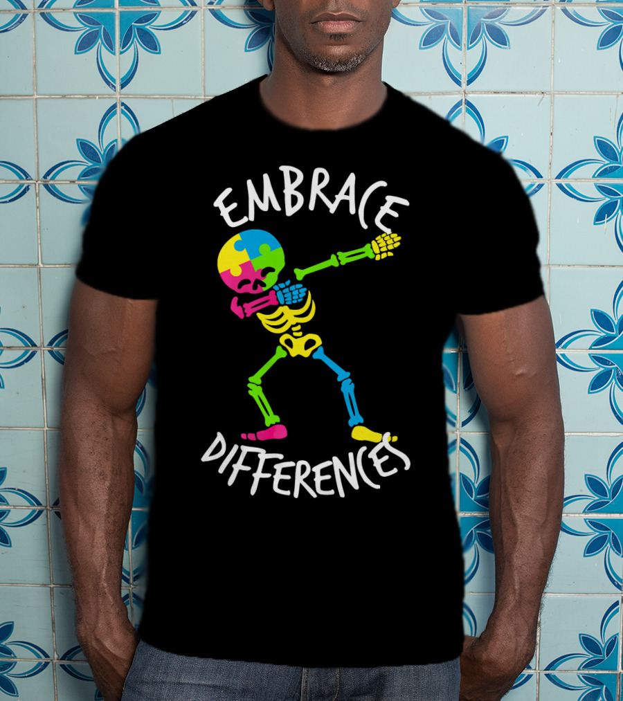 Embrace Differences Autism Awareness Colorful Skeleton Dabbing T-Shirt