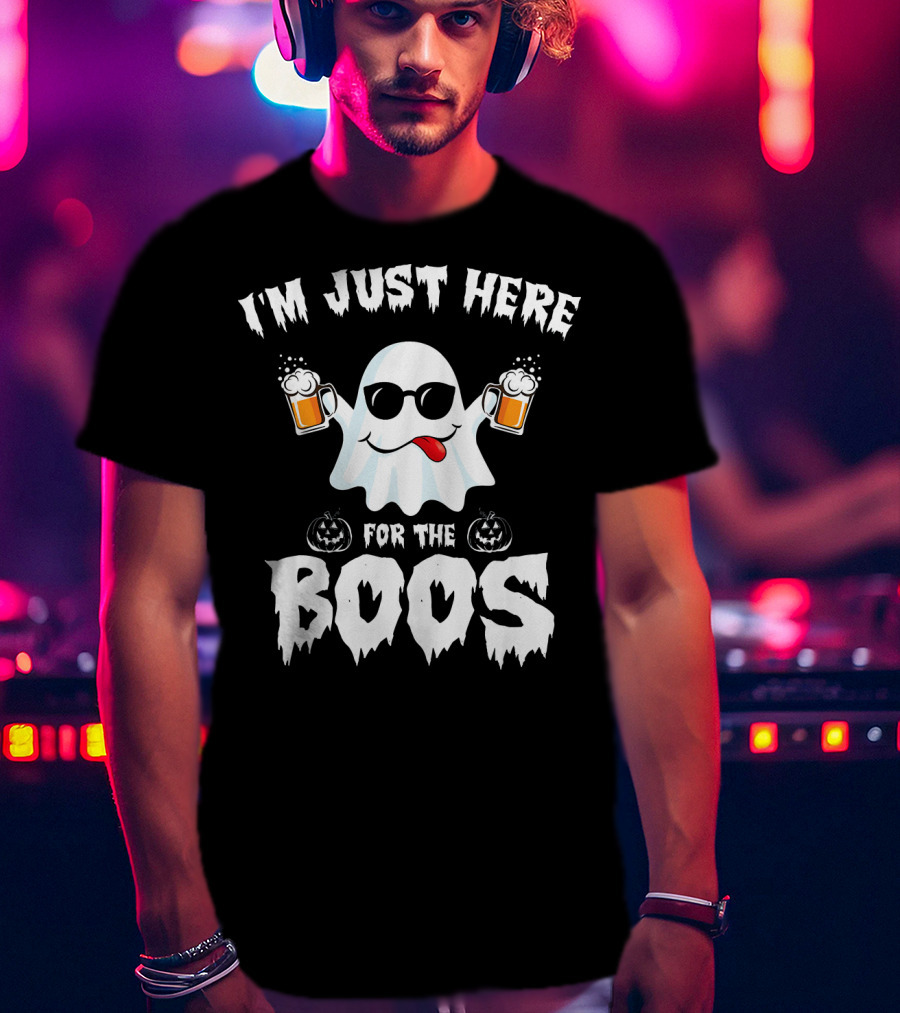 I'm Just Here For The Boos Ghost With Sunglasses And Beer Mugs T-Shirt