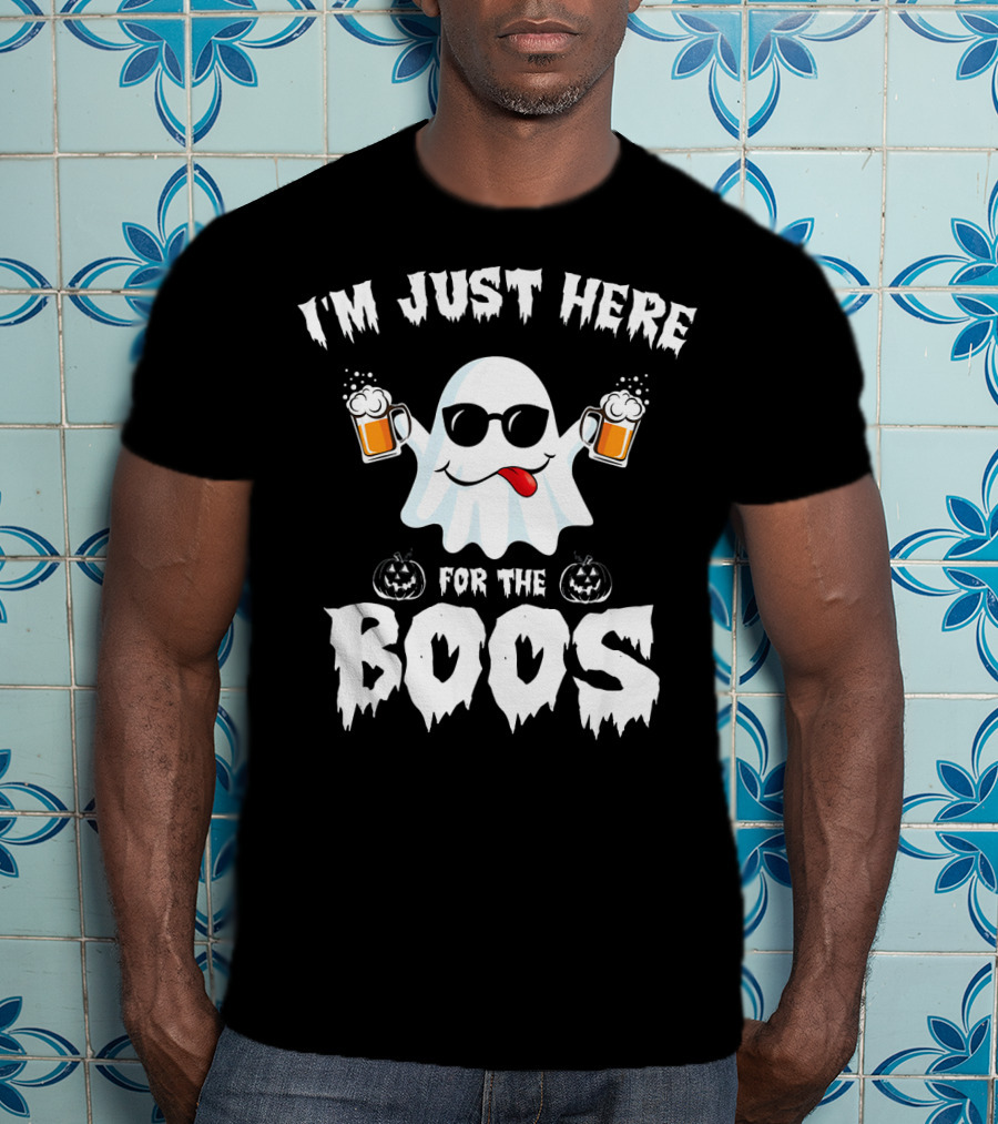 I'm Just Here For The Boos Ghost With Sunglasses And Beer Mugs T-Shirt