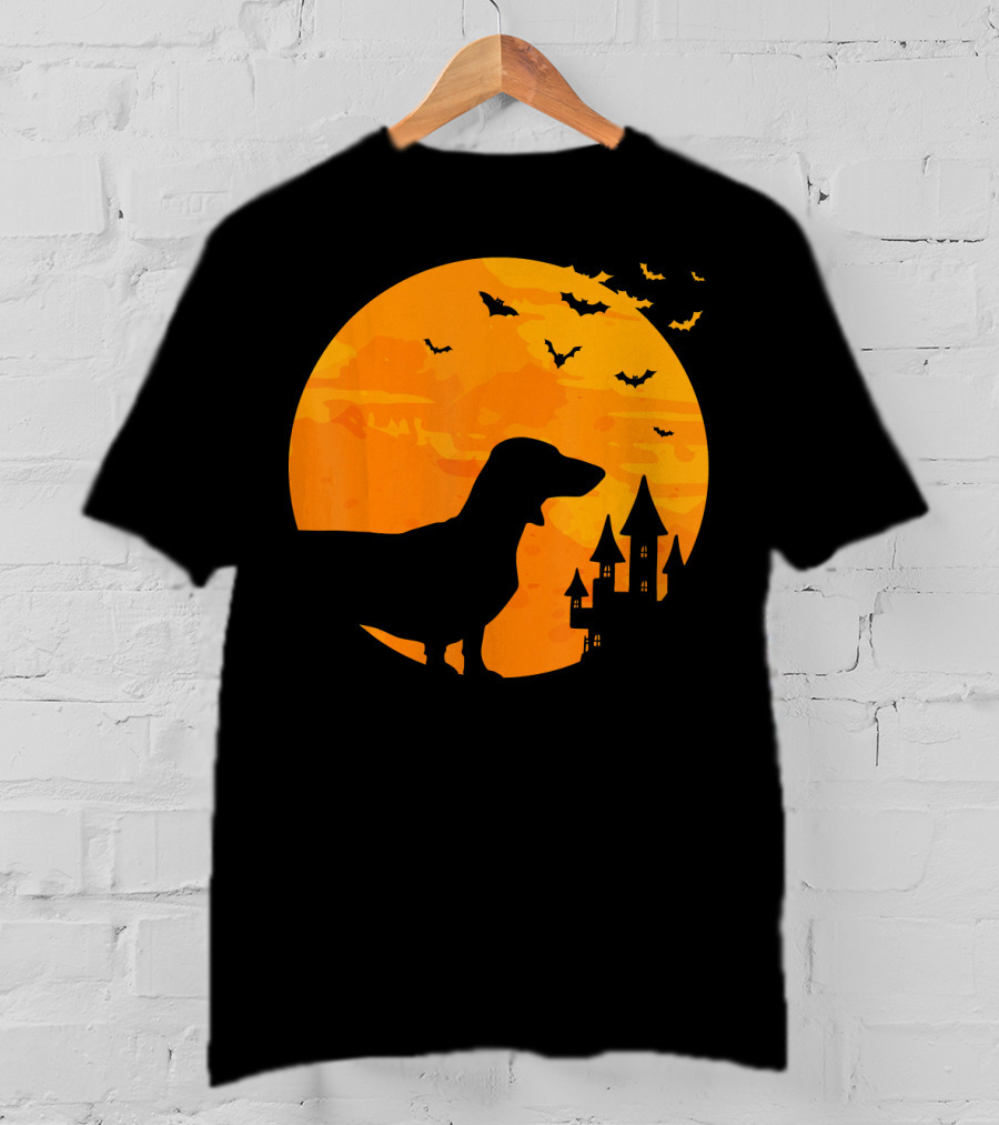 Dachshund Halloween Silhouette With Bats And Haunted Castle T-Shirt