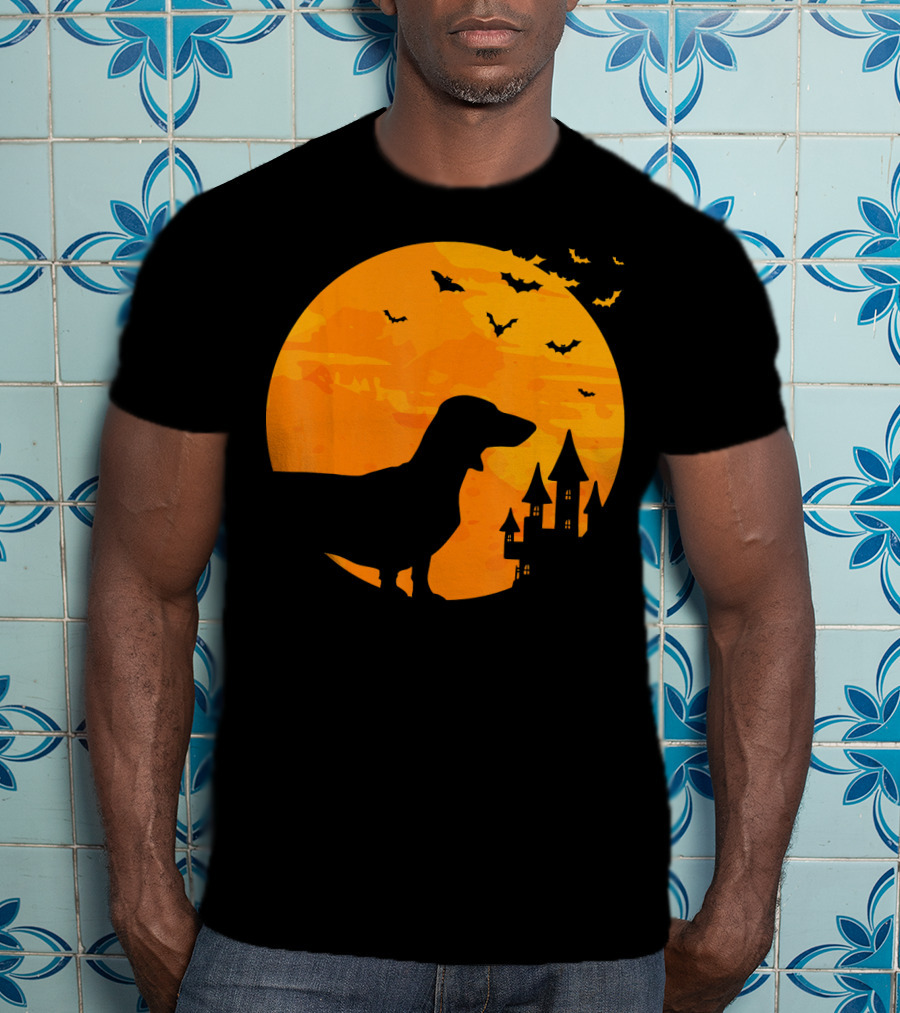 Dachshund Halloween Silhouette With Bats And Haunted Castle T-Shirt