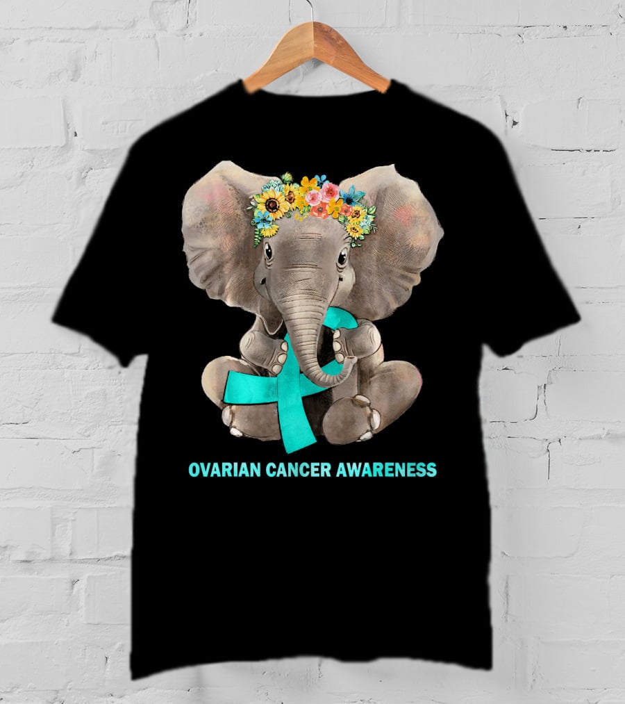 Hippie Elephant Holding Teal Ribbon Ovarian Cancer Awareness T-Shirt