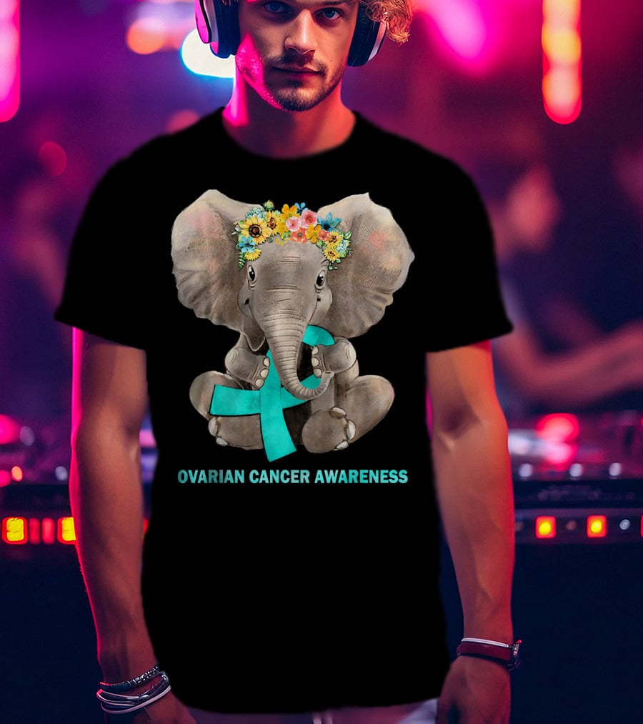 Hippie Elephant Holding Teal Ribbon Ovarian Cancer Awareness T-Shirt