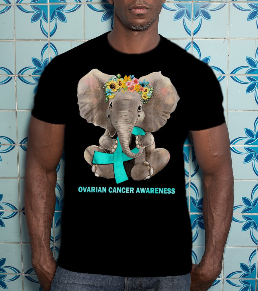 Hippie Elephant Holding Teal Ribbon Ovarian Cancer Awareness T-Shirt