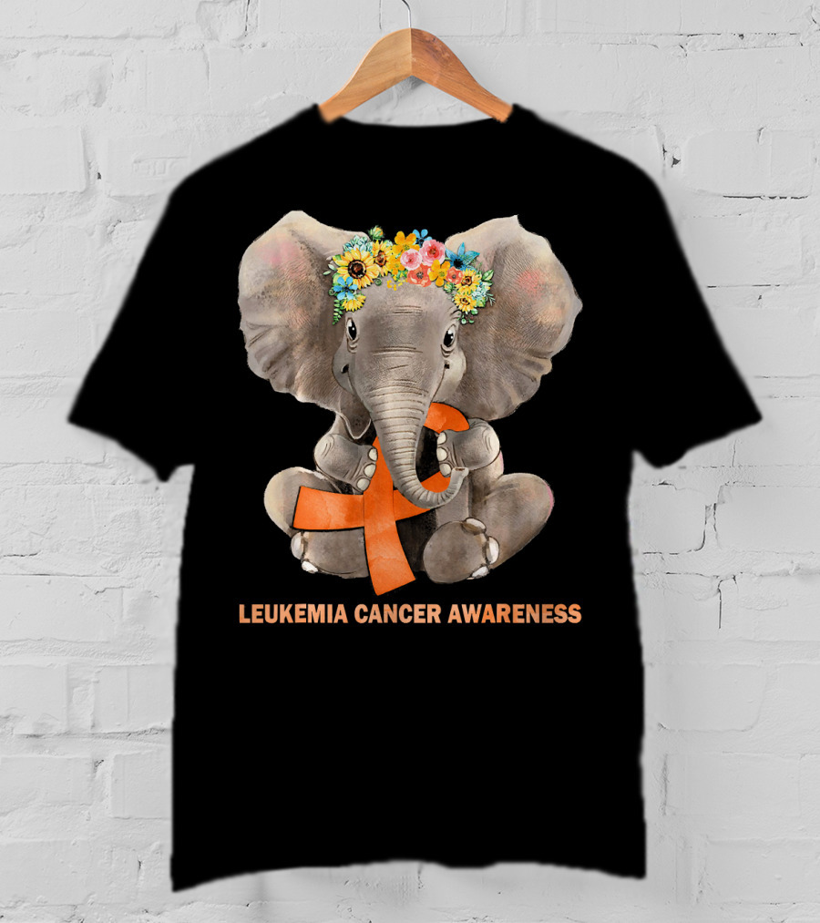 Hippie Elephant With Flower Crown Holding Orange Ribbon Leukemia Cancer Awareness T-Shirt