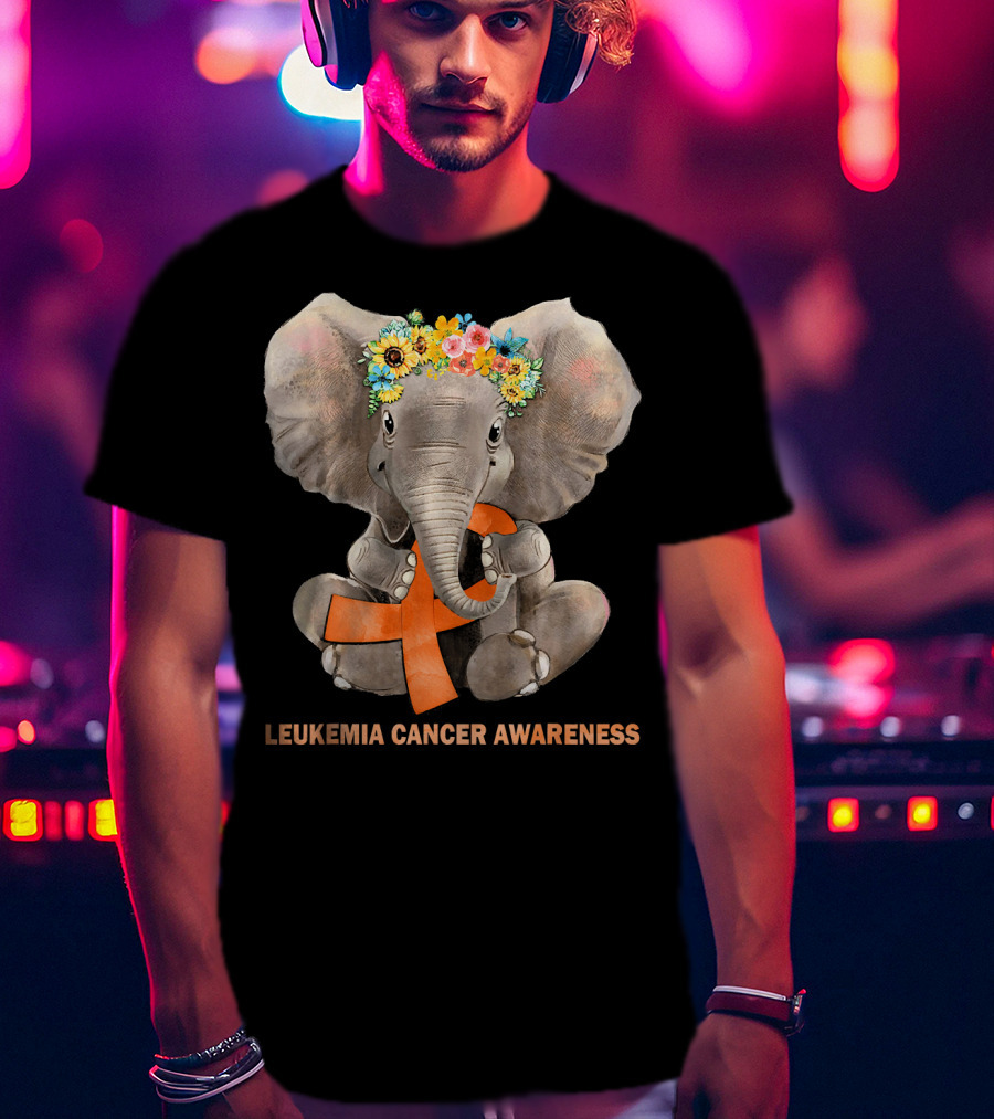 Hippie Elephant With Flower Crown Holding Orange Ribbon Leukemia Cancer Awareness T-Shirt