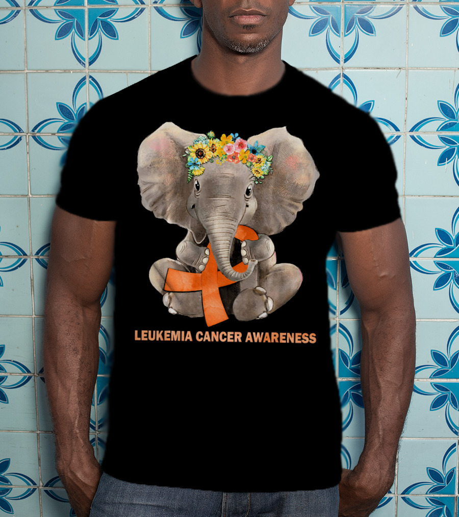 Hippie Elephant With Flower Crown Holding Orange Ribbon Leukemia Cancer Awareness T-Shirt