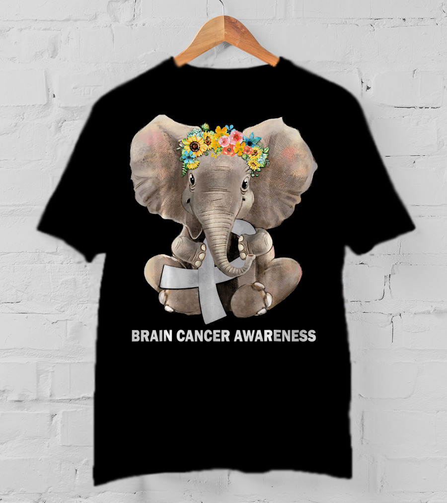 Hippie Elephant Holding Gray Ribbon Brain Cancer Awareness T-Shirt