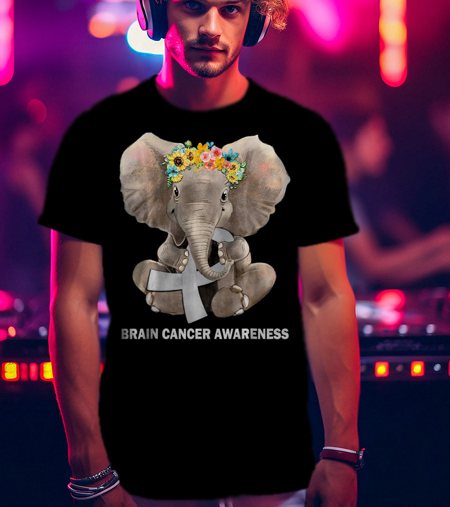 Hippie Elephant Holding Gray Ribbon Brain Cancer Awareness T-Shirt