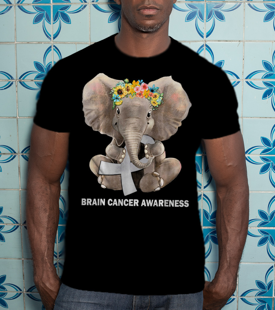 Hippie Elephant Holding Gray Ribbon Brain Cancer Awareness T-Shirt