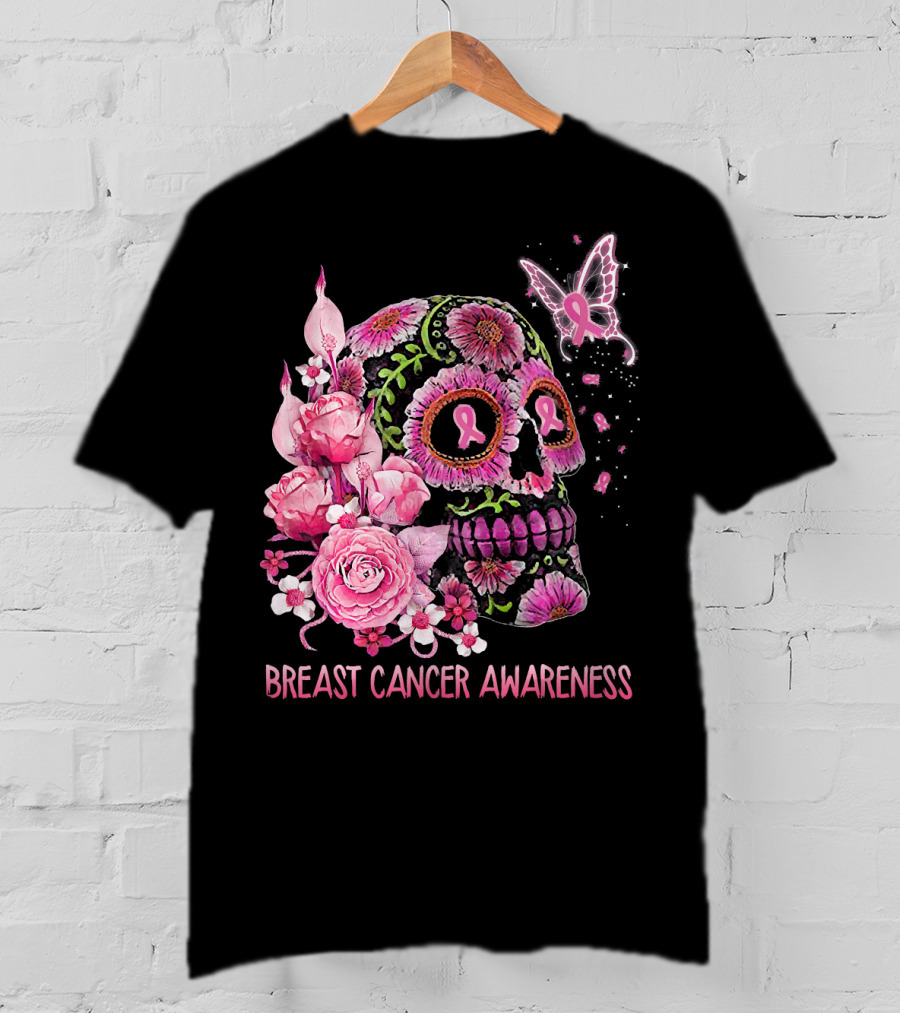 Skull Flower Breast Cancer Awareness Pink Ribbon Butterfly Roses T-Shirt