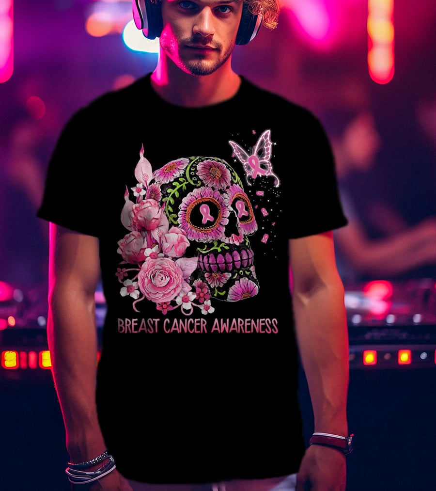 Skull Flower Breast Cancer Awareness Pink Ribbon Butterfly Roses T-Shirt