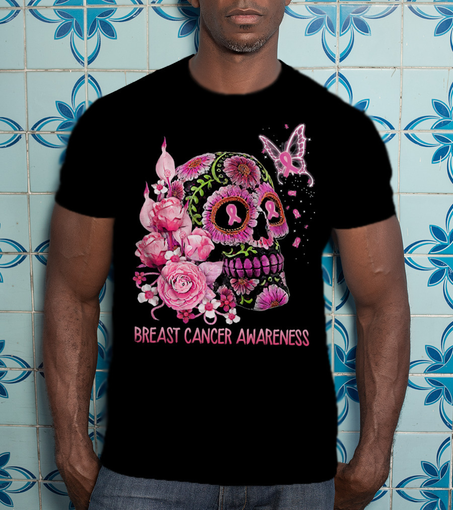 Skull Flower Breast Cancer Awareness Pink Ribbon Butterfly Roses T-Shirt