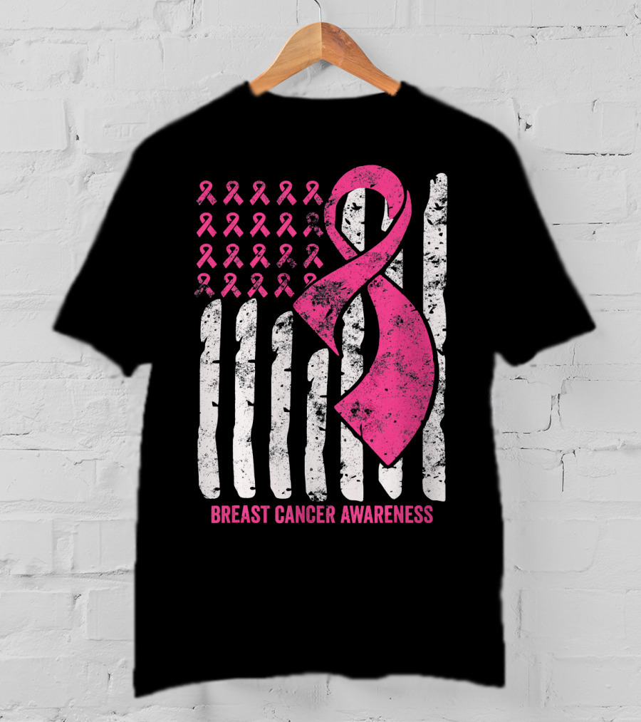 Breast Cancer Awareness Distress Pink Ribbon American Flag T-Shirt