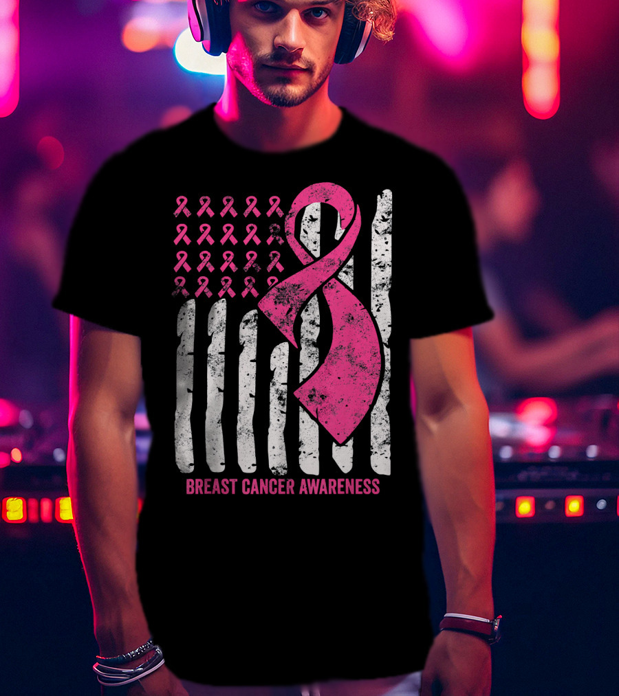 Breast Cancer Awareness Distress Pink Ribbon American Flag T-Shirt