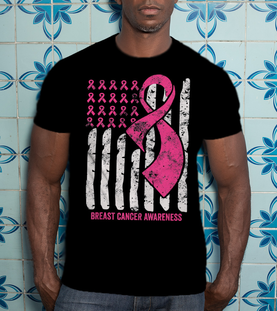 Breast Cancer Awareness Distress Pink Ribbon American Flag T-Shirt