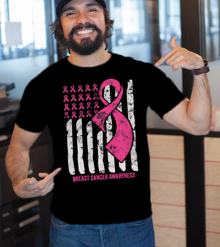 Breast Cancer Awareness Distress Pink Ribbon American Flag T-Shirt