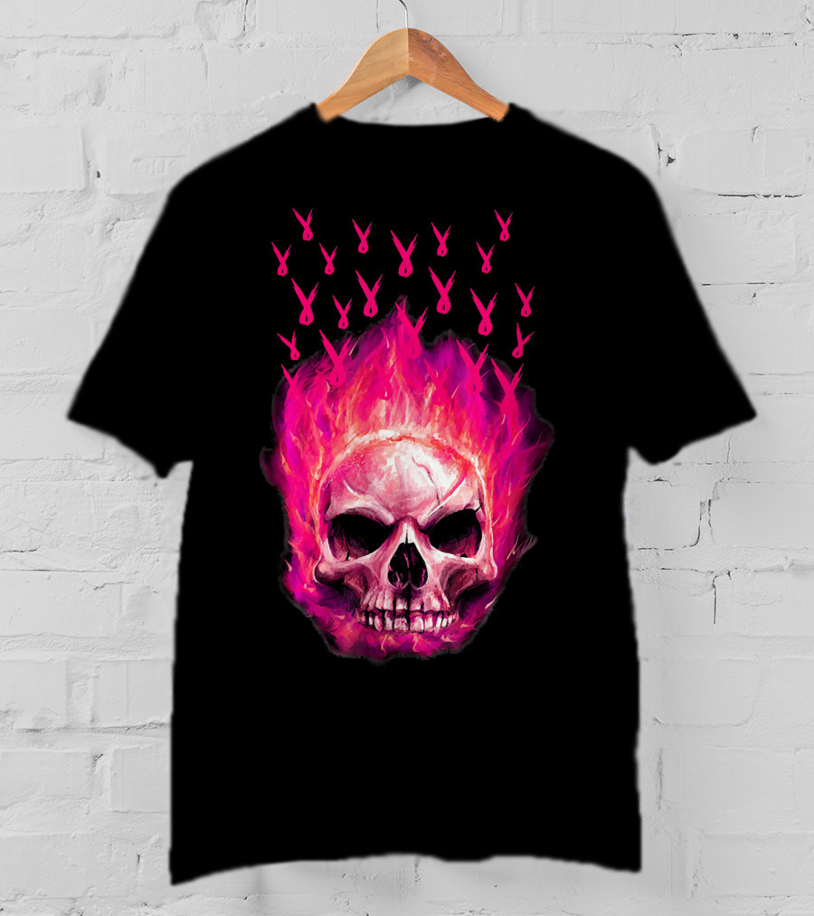 Halloween Skull Flaming Pink Ribbon Breast Cancer Awareness T-Shirt