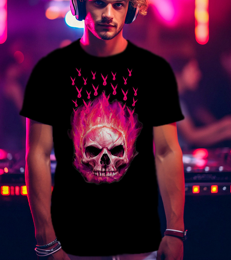 Halloween Skull Flaming Pink Ribbon Breast Cancer Awareness T-Shirt