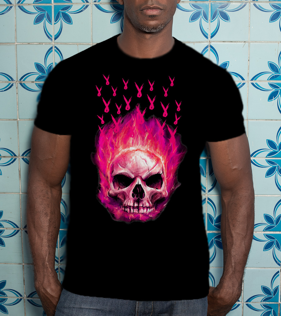 Halloween Skull Flaming Pink Ribbon Breast Cancer Awareness T-Shirt