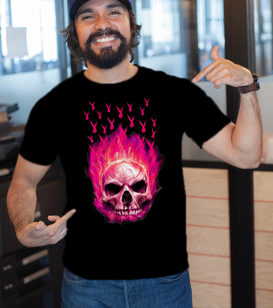Halloween Skull Flaming Pink Ribbon Breast Cancer Awareness T-Shirt