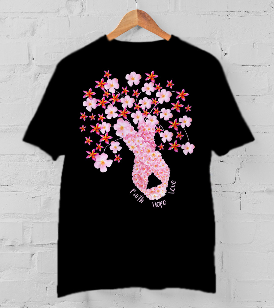 Faith Hope Love Breast Cancer Ribbon Floral Blossoms T-Shirt