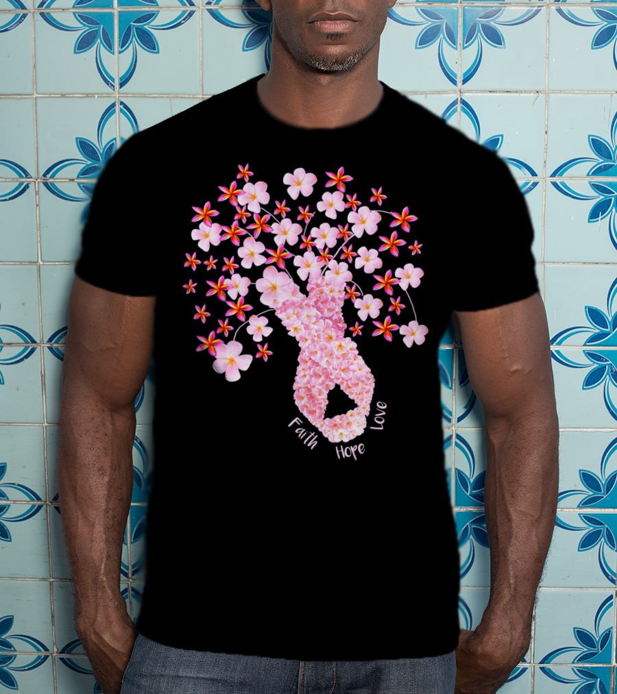 Faith Hope Love Breast Cancer Ribbon Floral Blossoms T-Shirt