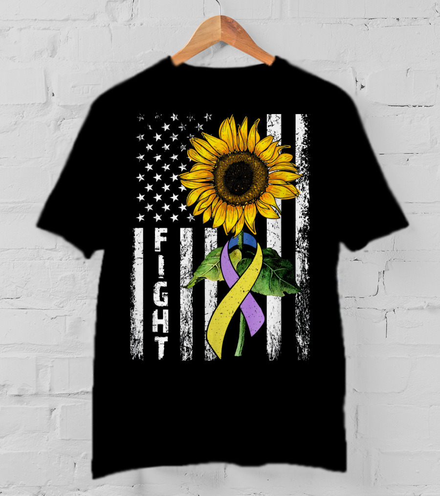 USA Flag Sunflower Fight Ribbon Bladder Cancer T-Shirt