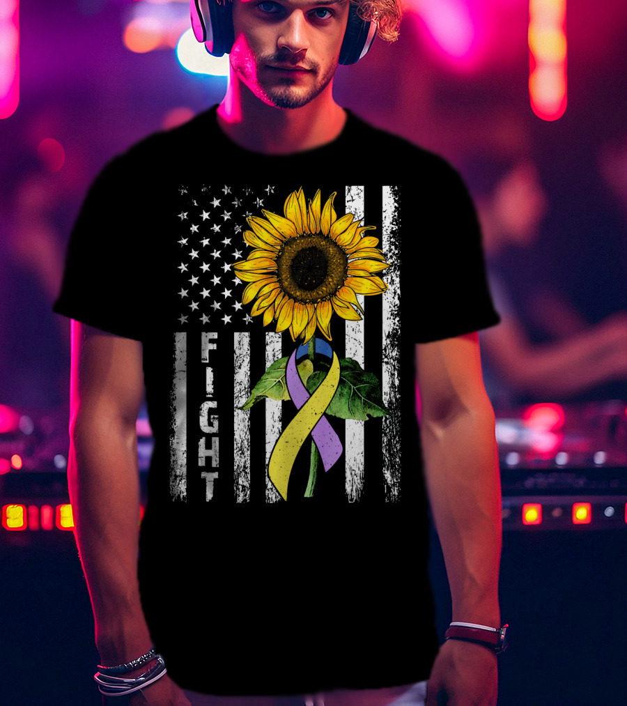 USA Flag Sunflower Fight Ribbon Bladder Cancer T-Shirt