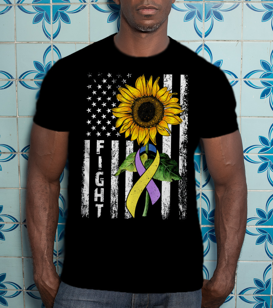 USA Flag Sunflower Fight Ribbon Bladder Cancer T-Shirt