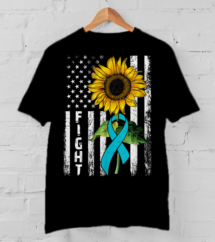 America Flag Sunflower Teal Ribbon Ovari Fight T-Shirt