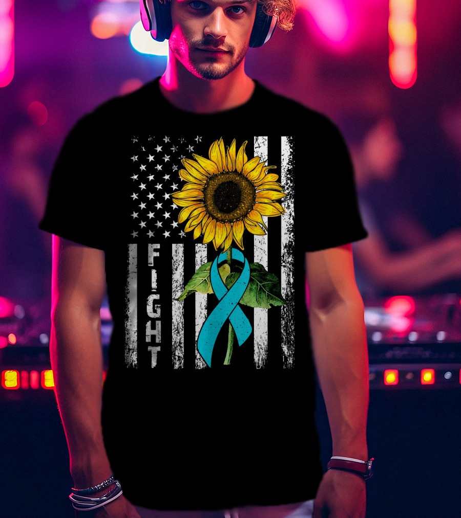 America Flag Sunflower Teal Ribbon Ovari Fight T-Shirt
