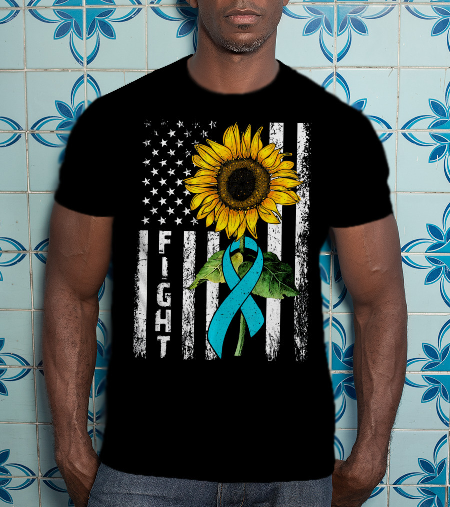 America Flag Sunflower Teal Ribbon Ovari Fight T-Shirt