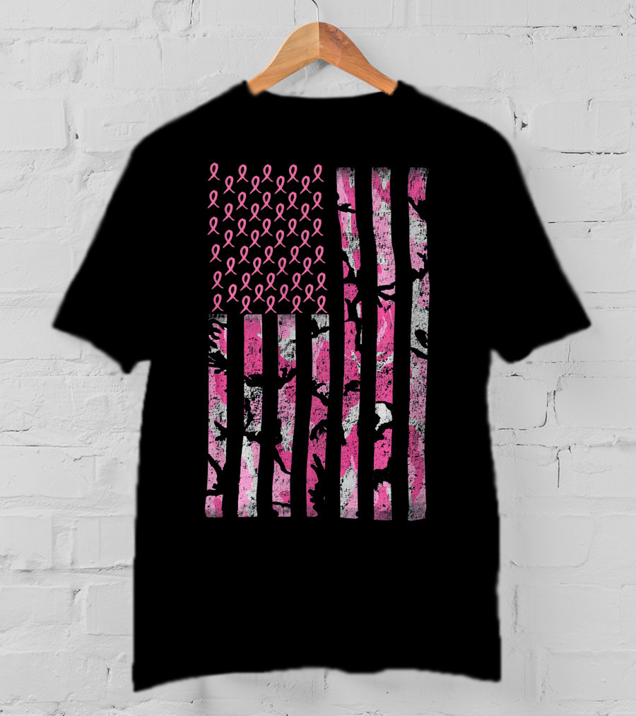 Breast Cancer Awareness Survivor Pink Ribbon American Flag Camo T-Shirt