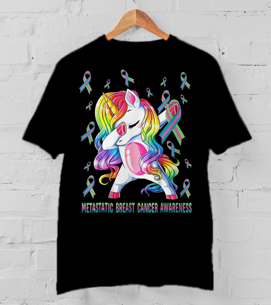 Metastatic Breast Cancer Awareness Unicorn Dabbing With Ribbons T-Shirt