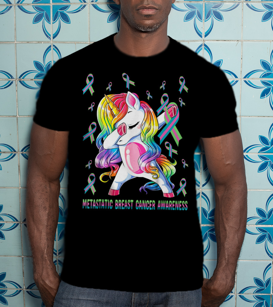 Metastatic Breast Cancer Awareness Unicorn Dabbing With Ribbons T-Shirt