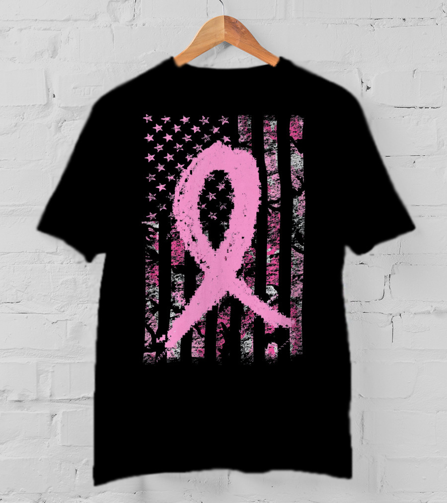 Pink Breast Cancer Ribbon Camouflage American Flag T-Shirt