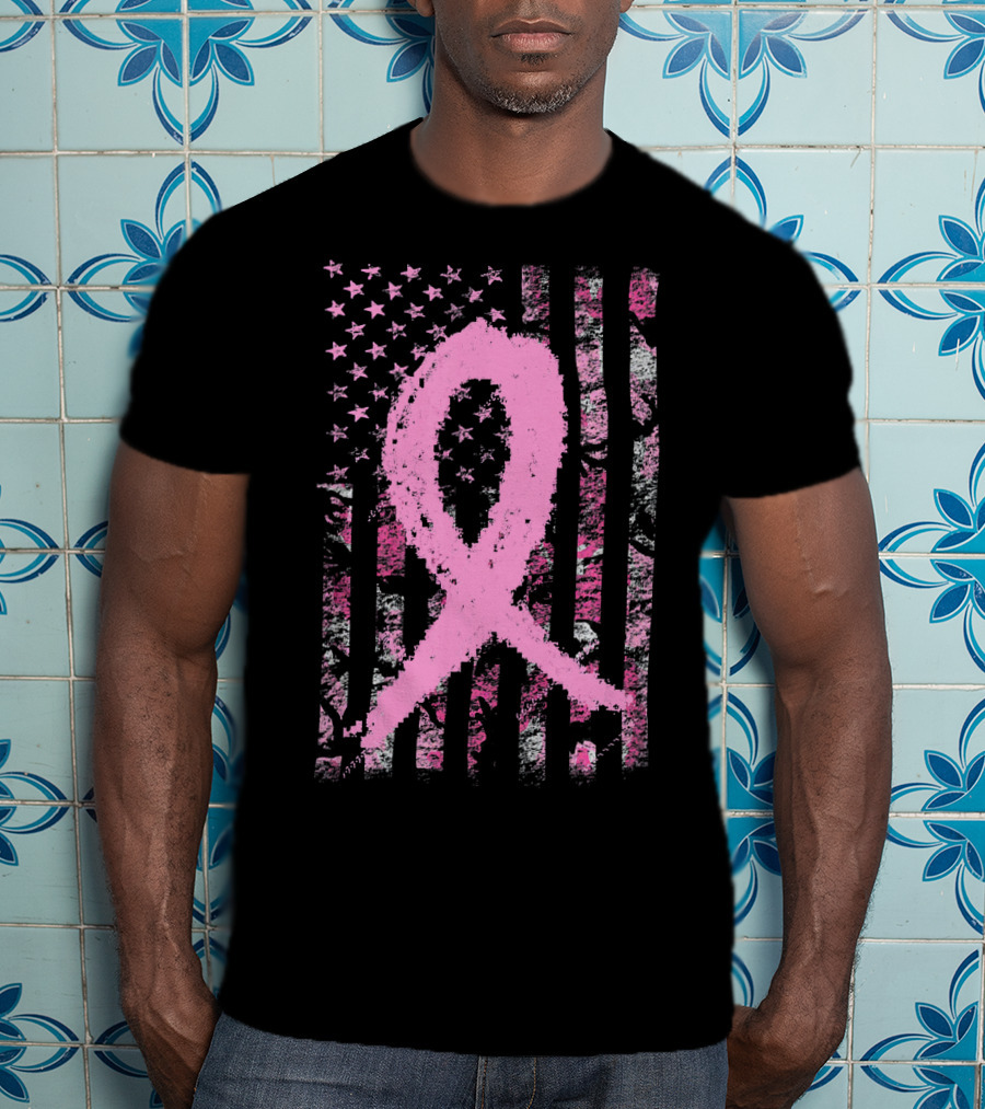 Pink Breast Cancer Ribbon Camouflage American Flag T-Shirt