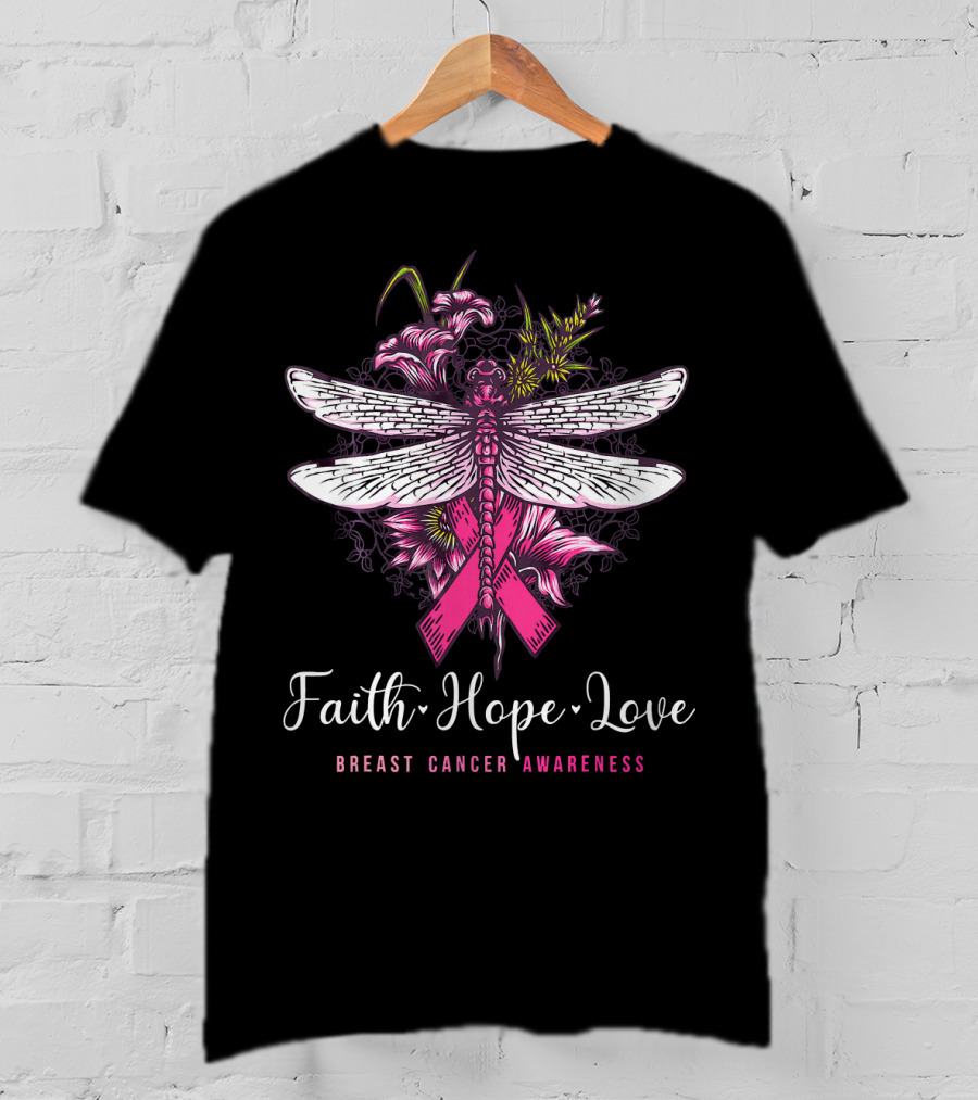 Faith Hope Love Breast Cancer Awareness Dragonfly Pink Ribbon Floral Motif T-Shirt