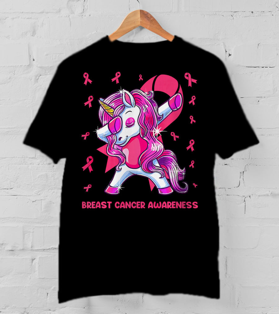 Breast Cancer Awareness Dabbing Unicorn Pink T-Shirt
