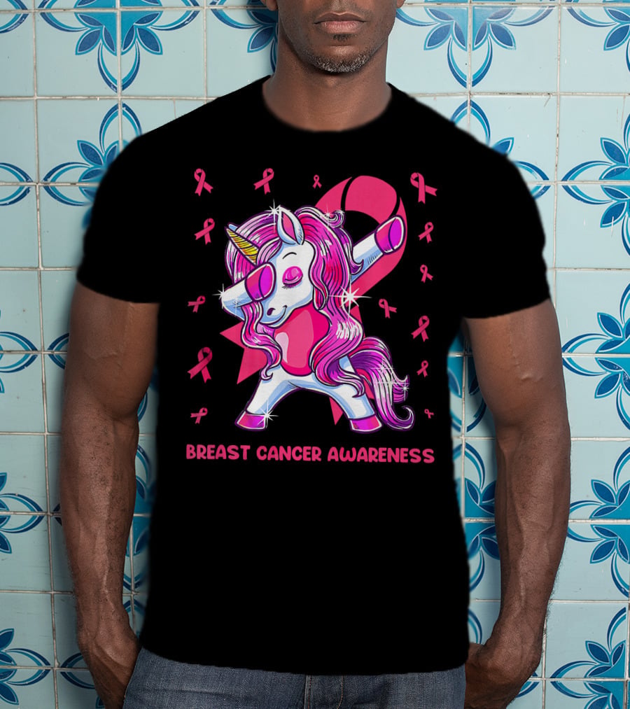 Breast Cancer Awareness Dabbing Unicorn Pink T-Shirt