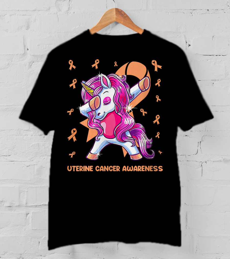 Dabbing Unicorn With Pink Ribbon For Uterine Cancer Awareness T-Shirt