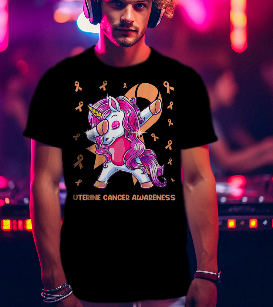 Dabbing Unicorn With Pink Ribbon For Uterine Cancer Awareness T-Shirt
