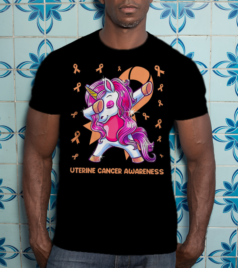 Dabbing Unicorn With Pink Ribbon For Uterine Cancer Awareness T-Shirt