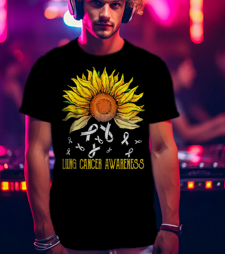 Lung Cancer Awareness Sunflower With White Ribbons T-Shirt