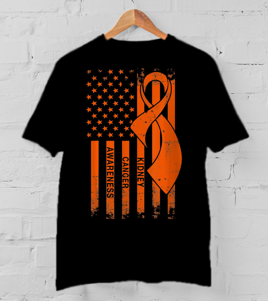 Kidney Cancer Awareness Orange Ribbon American Flag T-Shirt