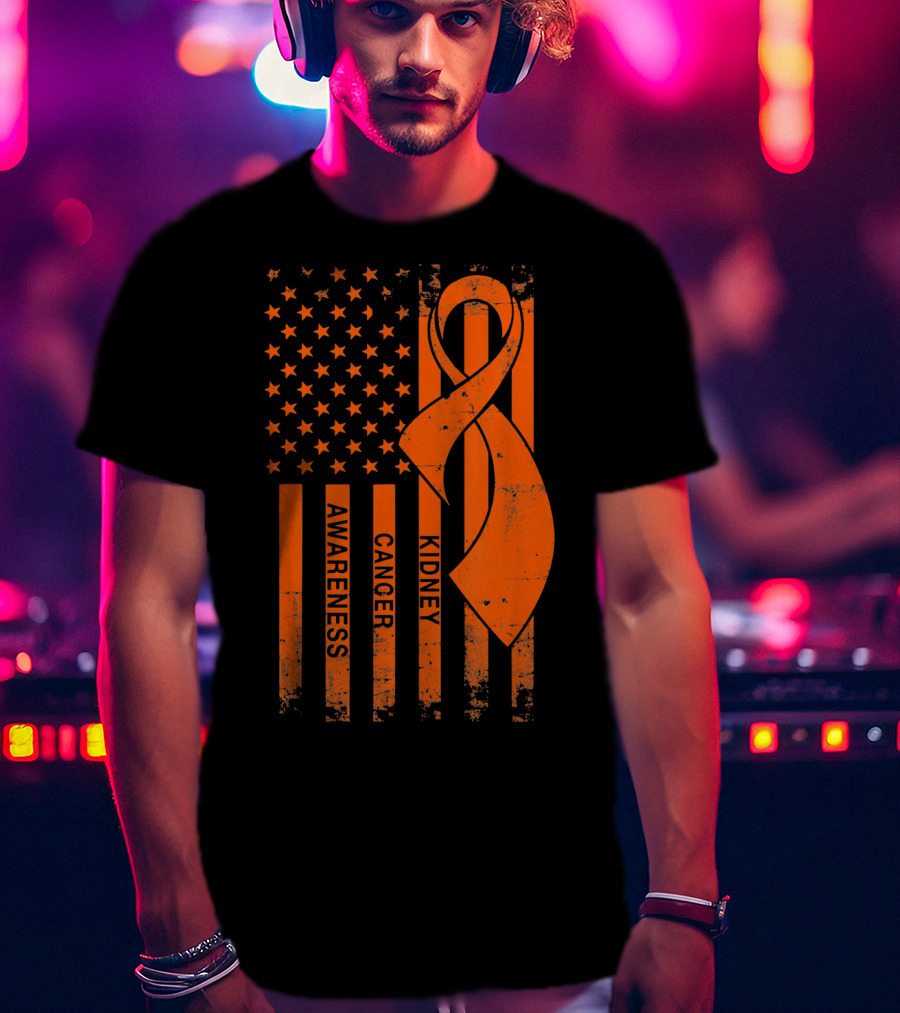 Kidney Cancer Awareness Orange Ribbon American Flag T-Shirt