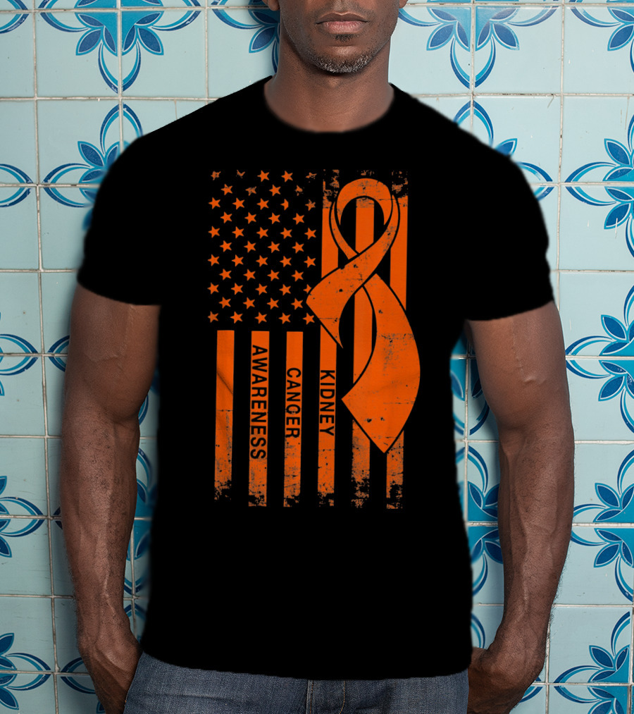 Kidney Cancer Awareness Orange Ribbon American Flag T-Shirt
