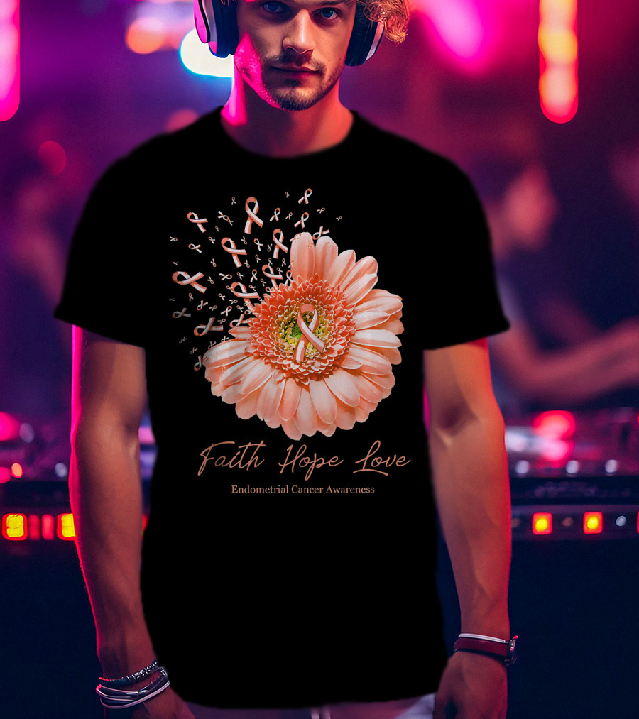 Faith Hope Love Endometrial Cancer Awareness Pink Ribbon Flower T-Shirt